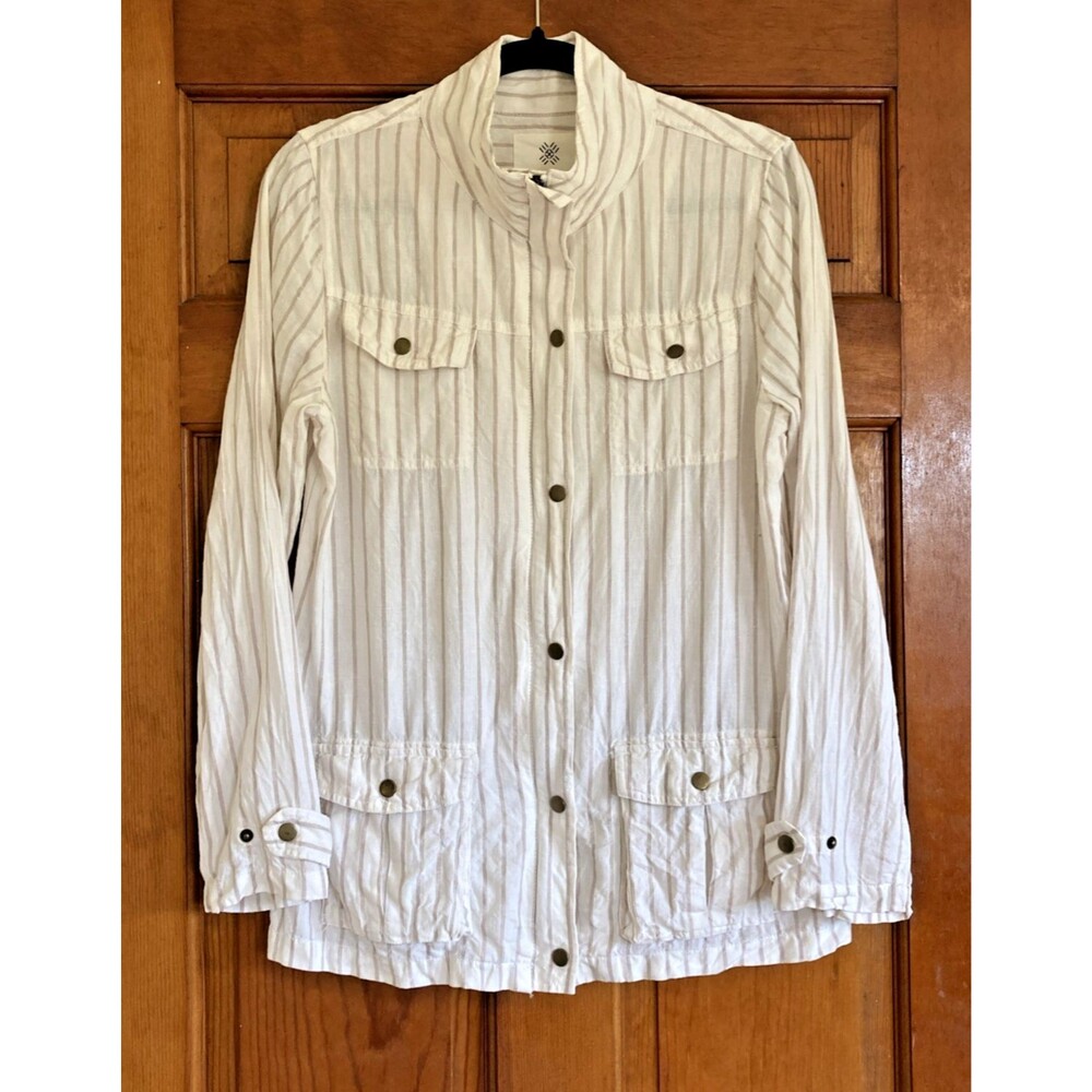 Artisan NY Womens M White Tan Striped Linen Utility Safari Field Jacket Neutral